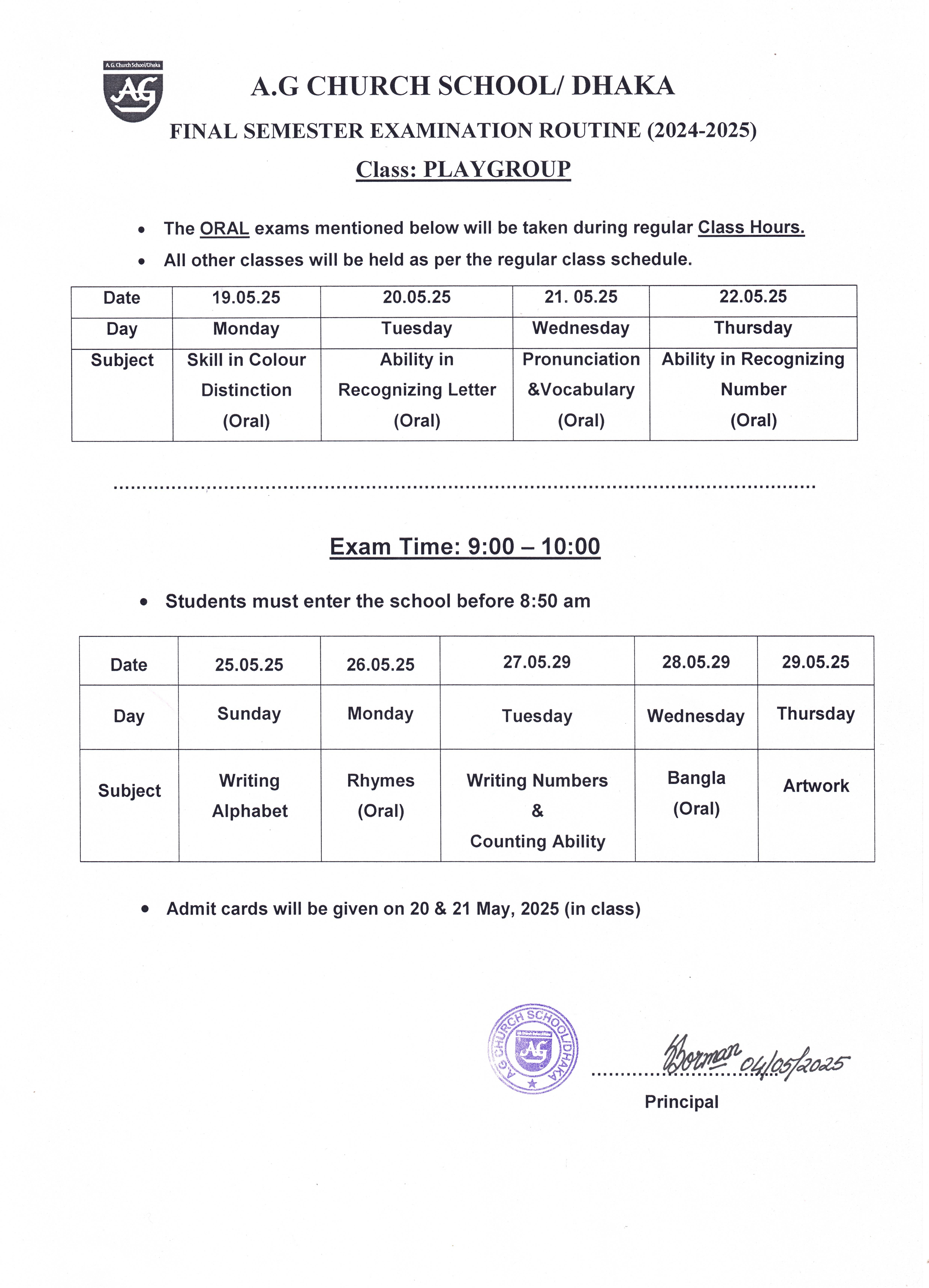 Final Semester 2024-2025 English Medium Playgroup